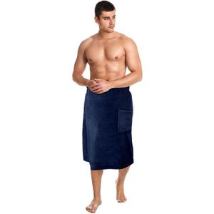 Tudomro 1 Pcs Men's Bath Wrap Towel Large Shower Adjustable Terry Body Spa Towel with Pocket After Shower Wrap for Men Gift Spa College Bath Dorm Room Gym (Navy Blue)
