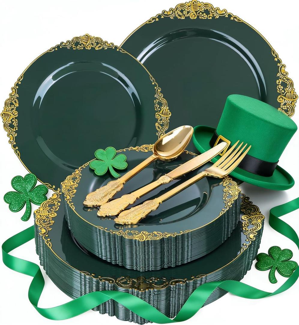 125PCS Green and Gold Plastic Plates - Fancy Green Disposable Plates - Vintage Plate with Gold Plastic Silverware Set for 25 Guests for Party Wedding St. Patrick's Day