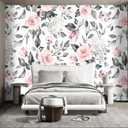 Grey Leaf Pink Flowers Mural Bedroom Floral Wallpaper Room Decor Living Room tv Background Large wall Mural - 91"x65" (Not Peel and Stick)