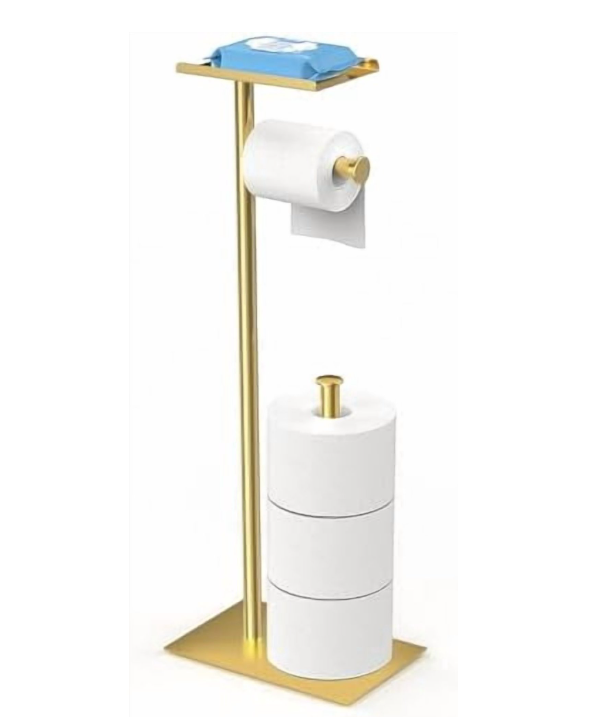 Brushed Gold Toilet Paper Stand Holder with Shelf, Marble Design Base Free Standing Toilet Paper Roll Holder with 2 Dispenser SUS 304 Stainless Steel Reserve, Storage 5 Rolls