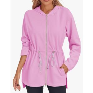 Fisoew Women's Zip Up Hoodie Sweatshirts Oversized Long Sleeve Casual Drawstring Waist Side Slit Tunic Tops