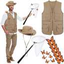Maiteenly 15 Pcs Halloween Butterfly Catcher Costume Set for Adult Men Monarch Butterfly Decorations, Net, Pocket Vest, Hat, 4XL