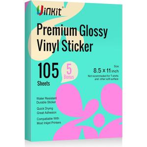 Uinkit 105 Sheets Premium Printable Vinyl Sticker Paper for Inkjet Printer Cricut,included 100Sheets Glossy and 5Sheets Transparent Label Waterproof Adhesive Dries Quickly Tear-Resistant, Removable