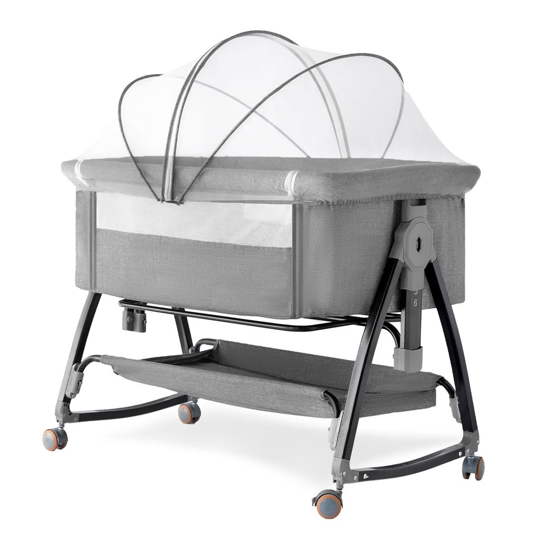 venowu Bedside Crib, 3 in 1 Bassinet with Quick Height Adjustment and Mosquito Nets Rocking Bassinet for Baby, Bedside Bassinet with Wheels, Easy to Fold, Golden Triangle Structure（Dark Grey）