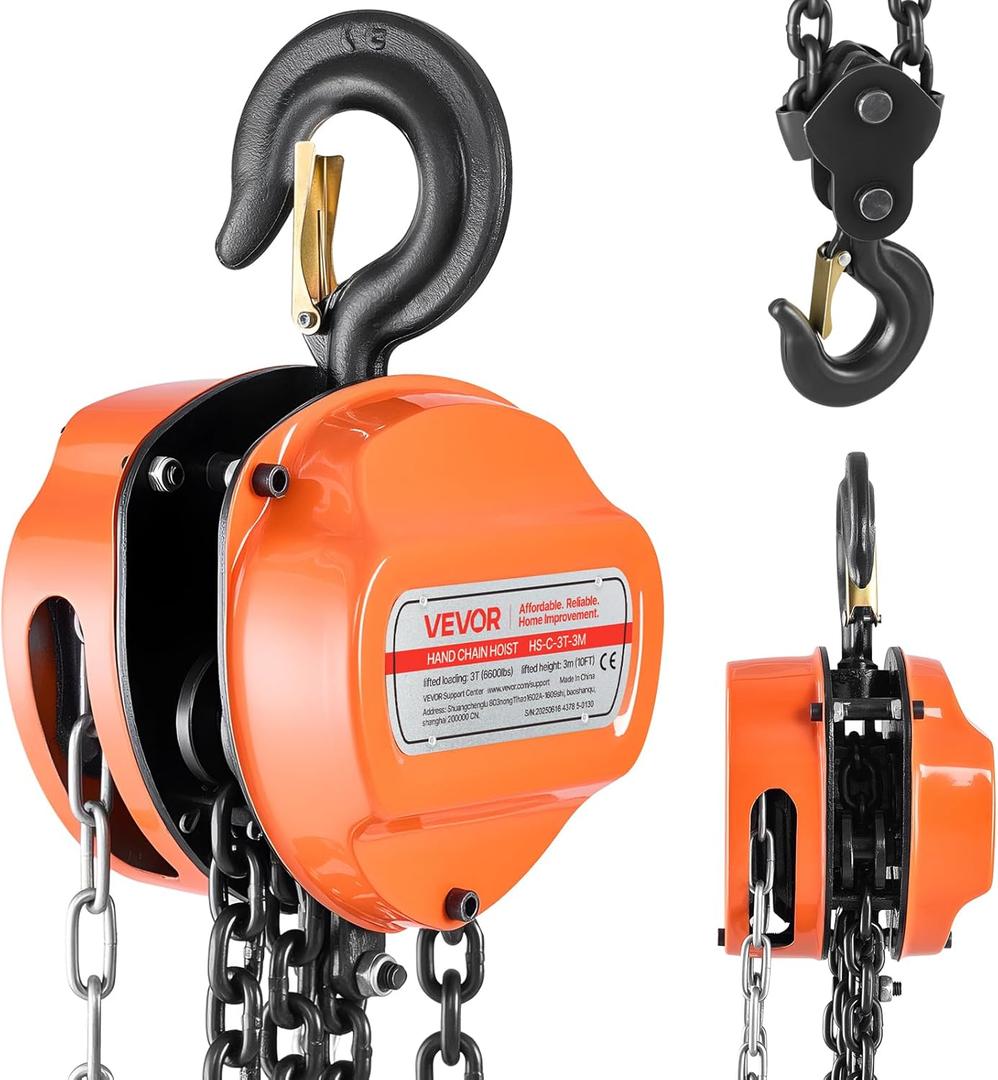 VEVOR Hand Chain Hoist, 3 Ton 6600 lbs Capacity, Manual Chain Block with Upgrade G80 Galvanized Chain, 10 ft Lifting Height, Heavy Duty Pulley Hoist for Garage Warehouse Automotive Machinery, Orange