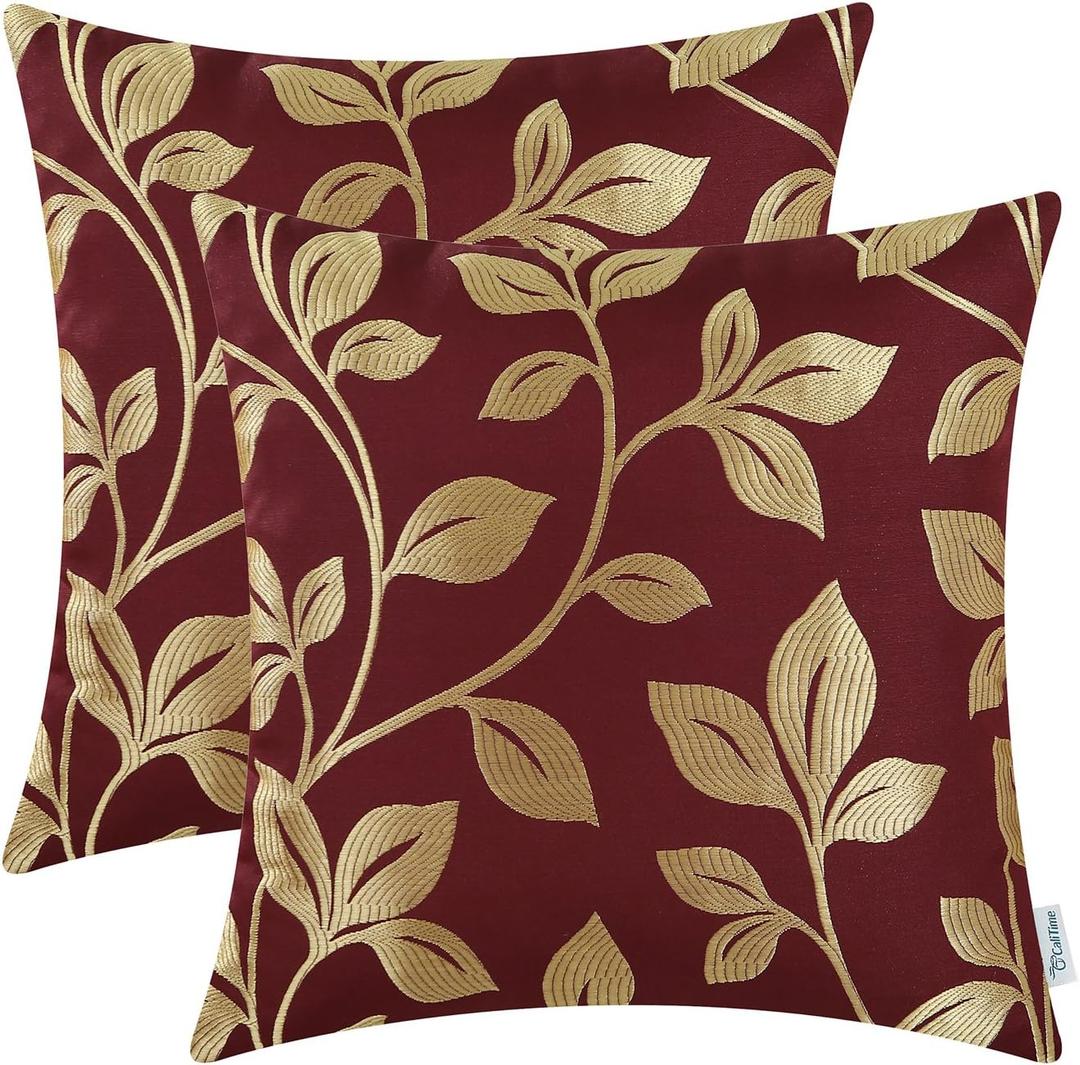 CaliTime Throw Pillow Covers Pack of 2 Cute Growing Leaves Cushion Cases Shells for Couch Sofa Home Decoration 18 X 18 Inches Burgundy/Gold