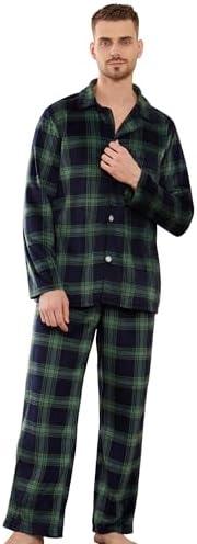 Vulcanodon Mens Pajama Set Soft Button Down Classic Lapel Comfy Long Sleeve Pajamas for Men Lounge Plaid Pjs Set with Pockets, Large