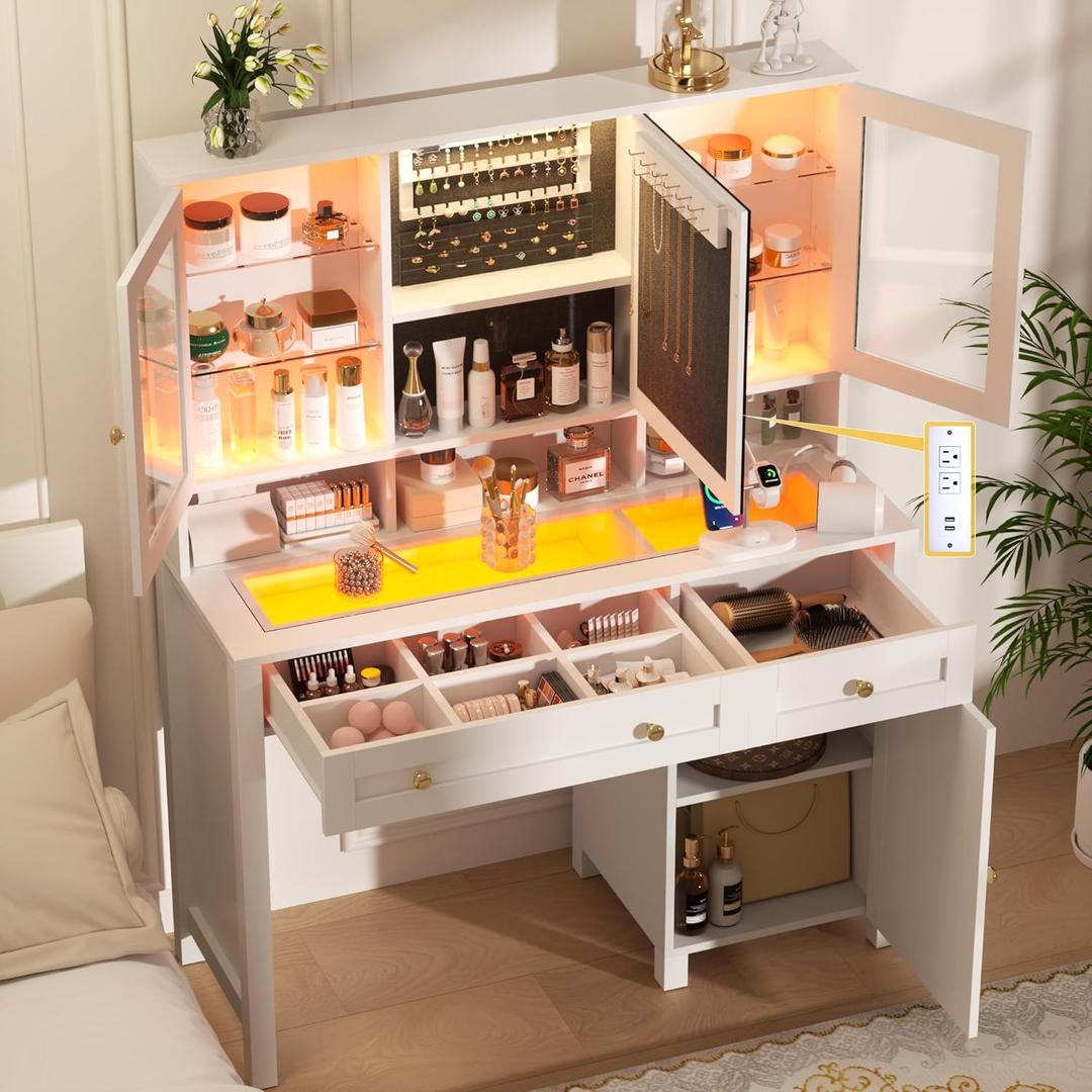 Semoic White Makeup Vanity Desk with LED Mirror and RGB Lights and Power Outlet, Morden Glass Top Vanity Table with Drawer & Storage Cabinet & Adjustable Shelves, Large Dressing Table for Bedroom