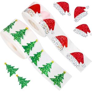 1000 Pieces Christmas Stickers, 500 Glitter Santa Hat & 500 Green Christmas Tree Stickers, Self-Adhesive Waterproof Decals for Xmas Envelopes, Cards, Gift Tags &Decorations, Journal, Party Supplies