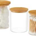 INIUNIK 3 Pack Glass Qtip Holder Dispenser, 20 oz and 11 oz Clear Glass Apothecary Jars, Bathroom Vanity Canisters Organizer Jars for Cotton Swabs, Balls, Rounds, Pads, Floss, Bath Salts