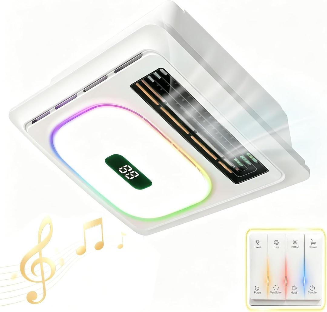 Bathroom exhaust fan with heater,Bathroom exhaust fan with light&Audio 7in1 | Exhaust fan,1800W Dual-Heat,230 CFM,1.0 Sones,5 Color RGB Light+3CCT Light,Negative Ion,Plug&play,Bathroom Exhaust fan light