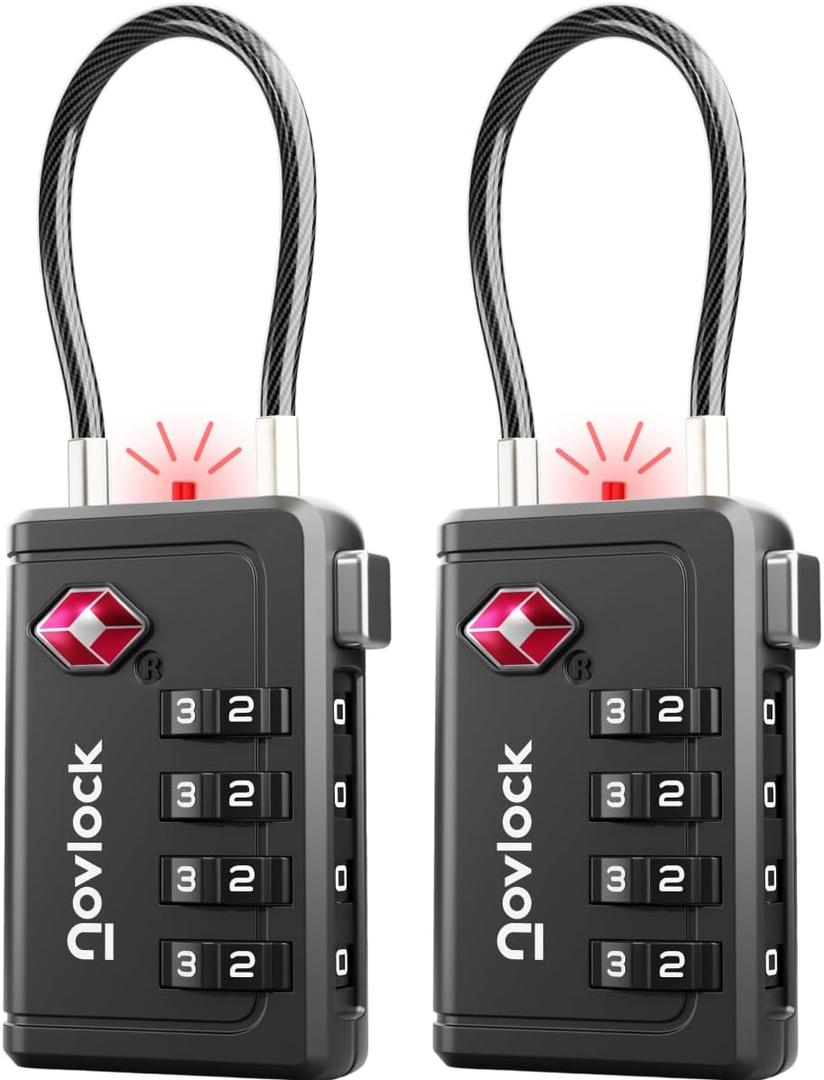TSA Approved Luggage Locks | Inspection Indicator, 4-Digit Combination, Durable Zinc Alloy | for Suitcases, Backpacks, Travel Bags | Black, 2-Pack