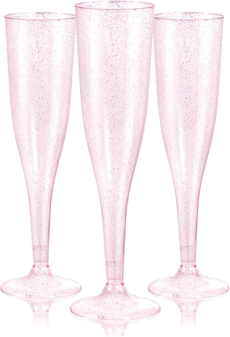 WDF 36 Pack Pink Glitter Plastic Champagne Flutes - 7OZ Disposable Pink Glasses Glitter Champagne Flutes Plastic for Party & Wedding