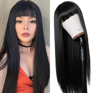 Long Straight Remy Hair Wigs Natural Black Heat Resistant Fiber Hair Full Machine Wig with Bangs Cosplay Party Wig For Fashion Women(24 Inches Natural Black Hair)