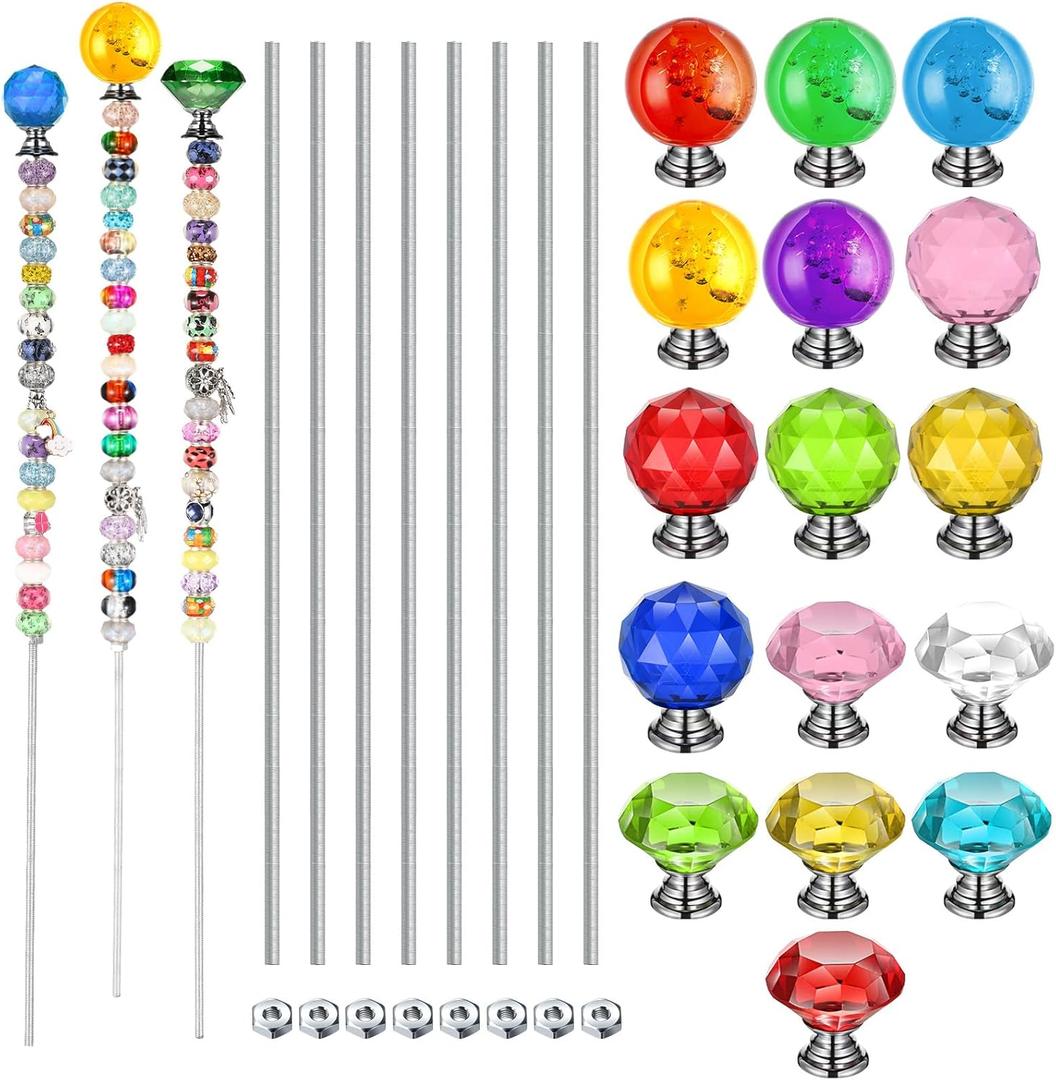 Zonon 16 Pack DIY Garden Beaded Stakes Wands Kit 16 Pcs 8/32 Inch 4mm 12 Inch Threaded Rod 16 Pcs 4mm Hex Nuts and 16 Diamond Tops Stainless Steel Decorative Garden Stakes, 16 Styles