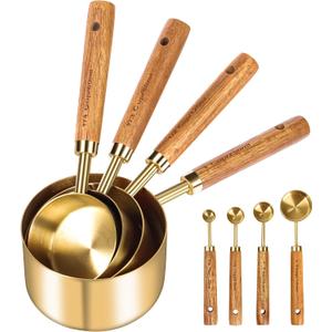 GuDoQi Gold Measuring Cups and Spoons Set of 7, Wood Handle with Metric and US Measurements, Premium Stainless Steel, Golden Polished Finish, Dry & Liquid Measuring Cup for Cooking and Baking