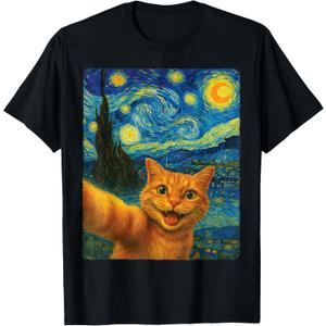 Orange Cat Starry Night Van Gogh Selfie Cat Mom Cat Lover's T-Shirt