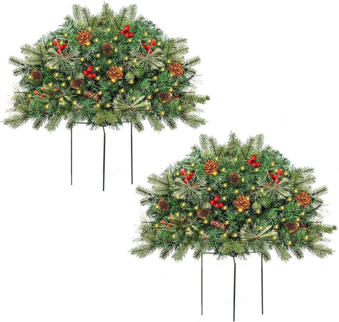 Outdoor Christmas Tree Frosted Urn Filler 2 Set, Pre-lit Artificial Xmas Tree with Cones & Red Berries, Small Christmas Tree with 70 Warm Lights