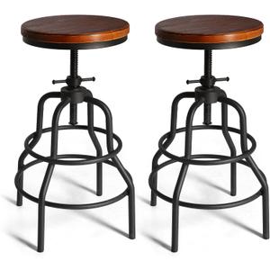 LOKKHAN Vintage Industrial Barstools - 13.8" Dia Round Wooden Brown Seat - Black Metal Base - Adjustable Height: 23.6"-29.5" / Minimalist Design/Raw Rustic Look/Rotating Top Bar Chairs, Set of 2, 13.78" Dia X 1.18" Thick, Height: 23.62"-29.52"