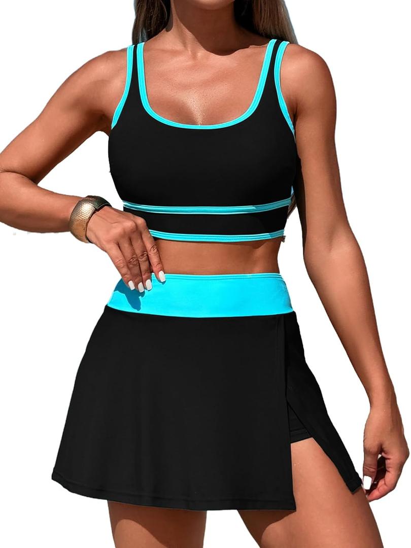ZRTAK Women's High Waisted Bikini Sets Tummy Control Swim Skirt Two Piece Swim Suit Color Block Bathing Suit (Black Blue, Large)