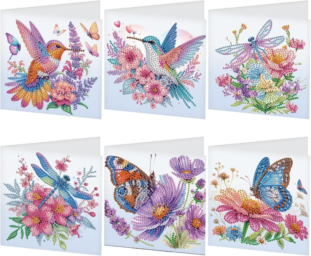 JZHYOAN 6Pcs DIY Animal Diamond Painting Cards Birthday Greeting Cards for Holidays Celebrations Diamond Art Card with Envelopes Crystal Arts Craft Gem Art Painting Mosaic Kit Butterfly Dragonfly Bird