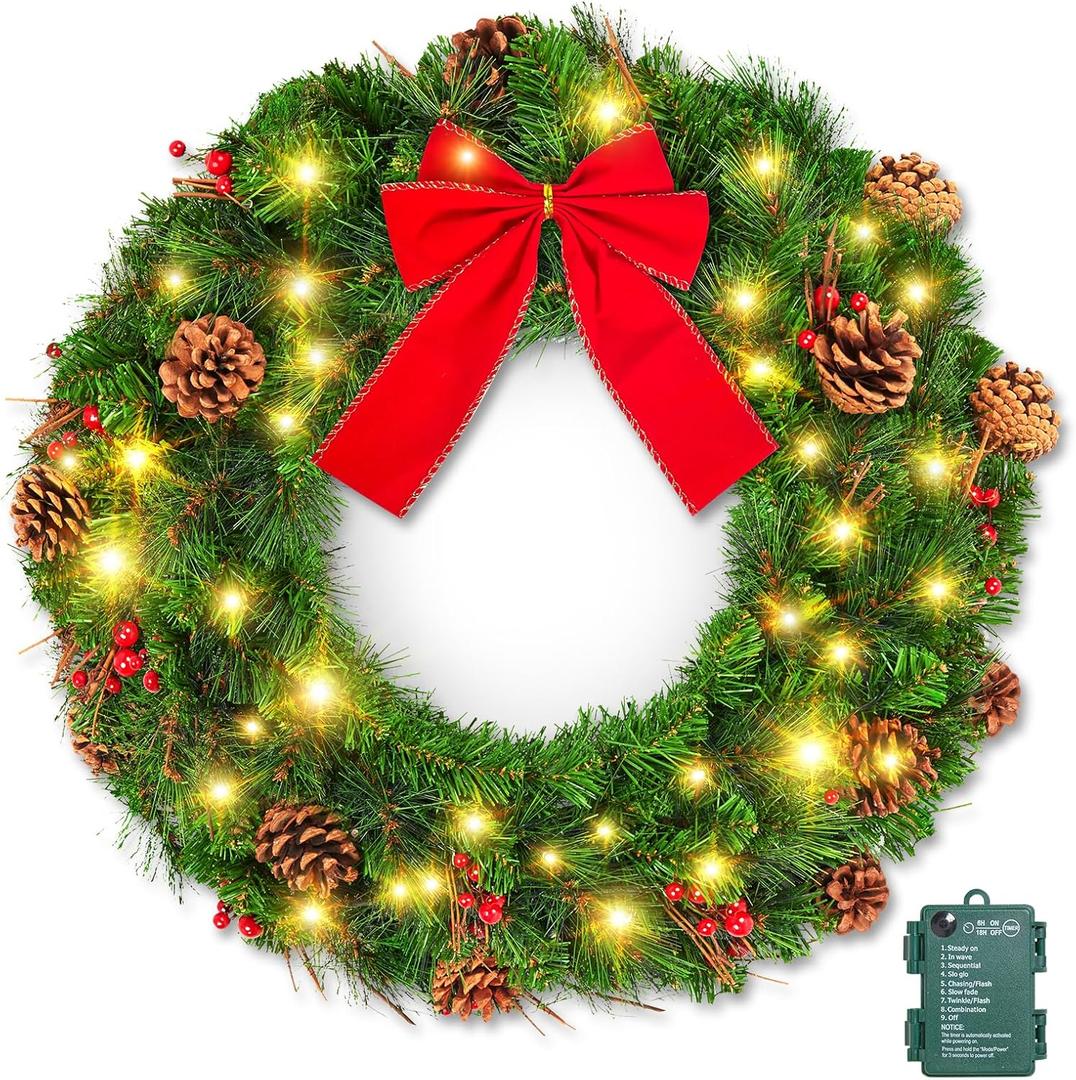 Brightown 24 Inch Pre-Lit Christmas Wreaths for Front Door, IP44 Battery Operated 50 LED Christmas Wreath, Decor with Pinecones Pine Needles Branches Red Berry Mini Bow for Front Door Wall Window