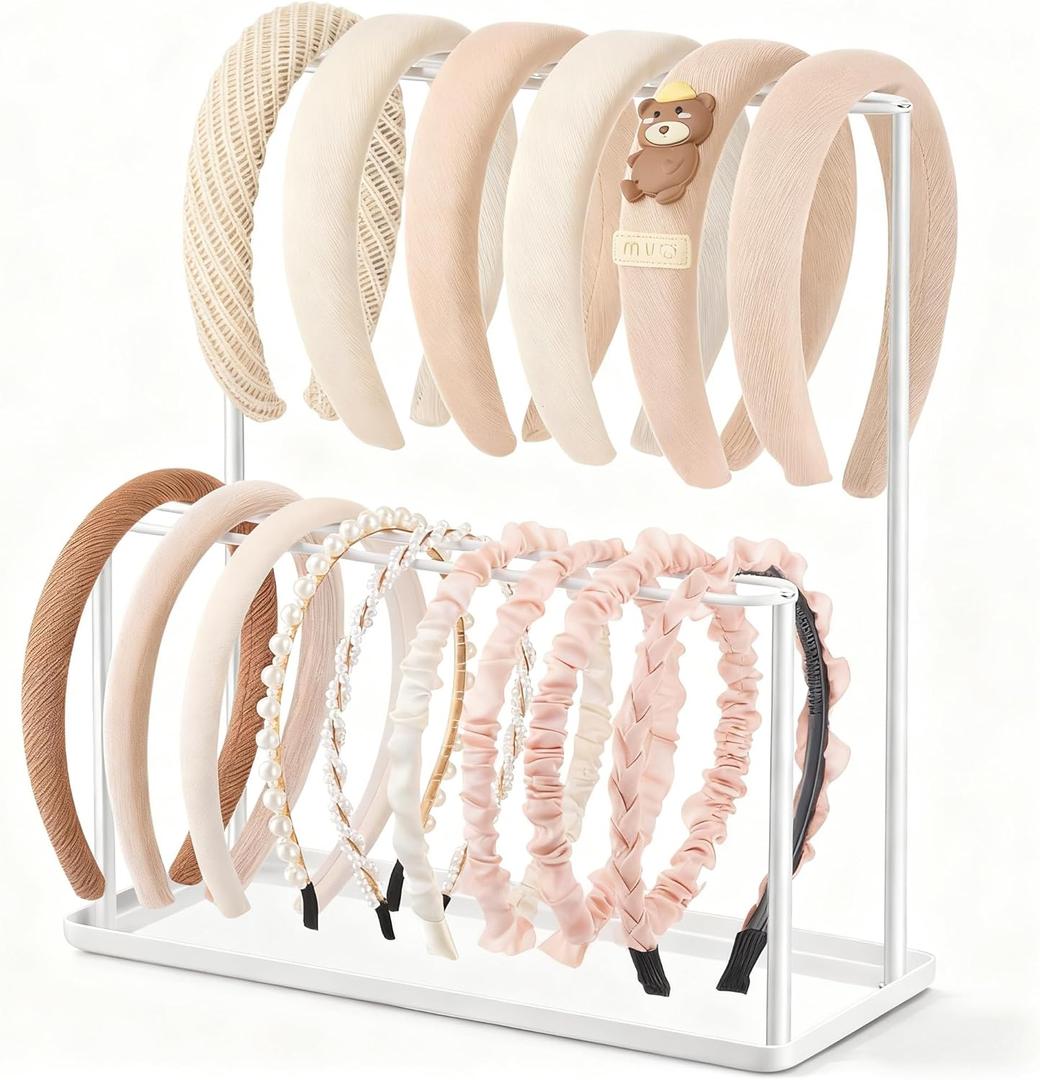 Headband Holder Organizer Metal 2-Tier with Tray: Hair Accessories Display Stand Storage Hairband Rack Necklace Stand Home Bedroom for Girls Women, White
