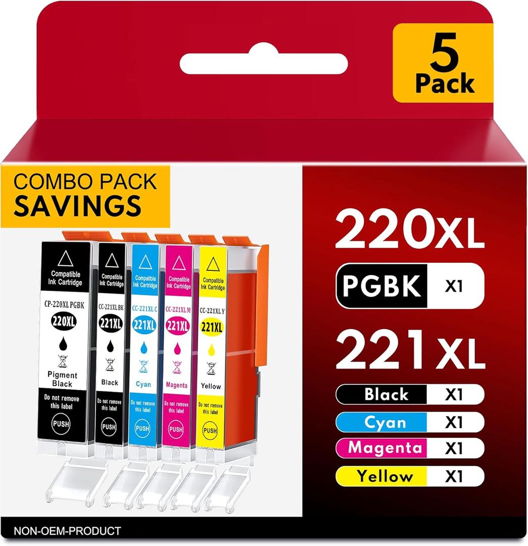 PGI-220 CLI-221 Ink Cartridge Compatible for Canon MX870 221 220 Ink Cartridges PGI220 CLI221 to use with MP560 MP620 MP640 MX860 MP980 MP990 iP3600 iP4600 iP4700 Printer(5 Pack)