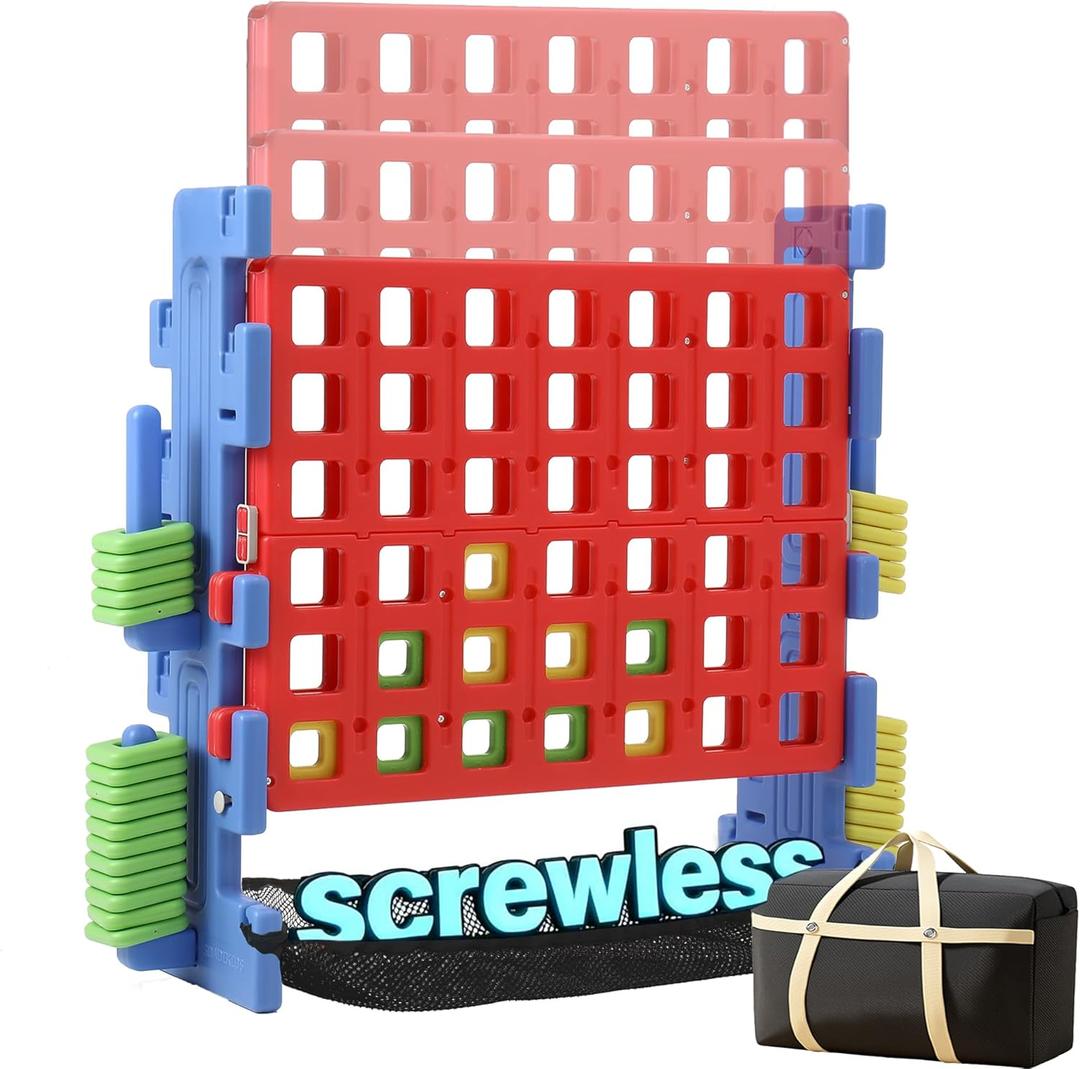 SDADI Screwless Giant 4-in-a-Row Game Set with Block-Style Assembly, Adjustable Height 4-to-Score Connect Game, Portable Family Yard Game for Indoor & Outdoor Play (Red)