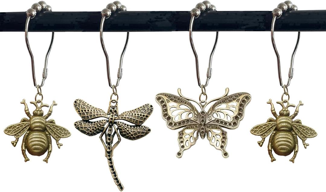 12Pcs Dragonfly Butterfly Bee Shower Curtain HooksRust Proof Stainless Steel Shower Curtain Rings for Spring Garden Floral Insect Nature Theme Home Bathroom Decor (Bronze)