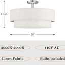 Doraimi Lighting 20 Inch LED 24W Adjustable 3000/4000/5000 Brushed Nickel Double Drum Linen Fabric Shade Semi Flush Mount Close to Ceiling Light Fixture for Bedroom,Living Room,Dining Room Hallway