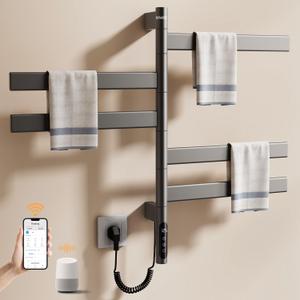 ENZE Smart Rotating Heated Towel Rack for Bathroom, 5-Bar Wall-Mounted Electric Towel Warmer with Swivel Bars, Wi-Fi App Control, 24H Timer, Stainless Steel, IPX5, Hardwired/Plug-in, Gray, Black 17.72"x26.77"