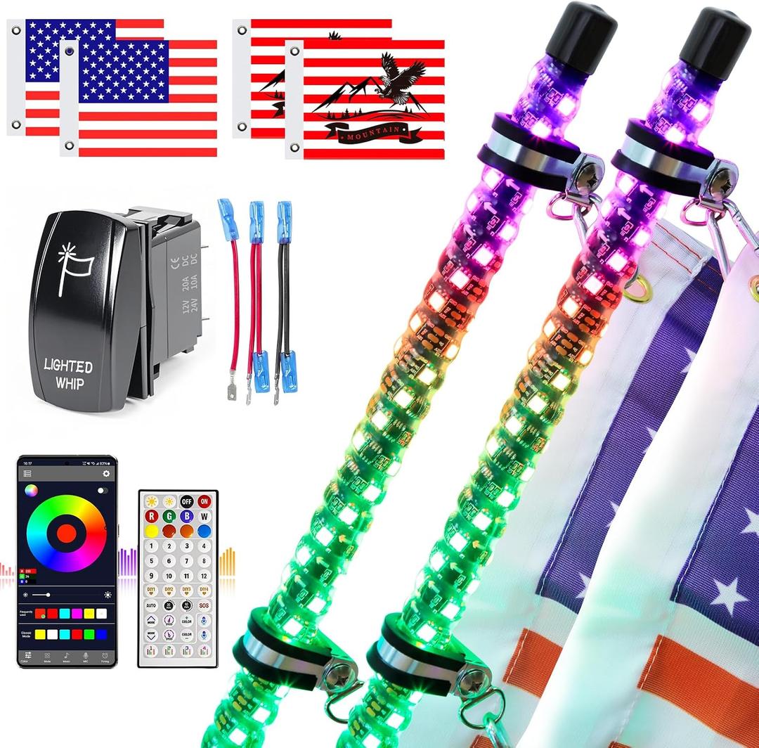 2PCS 4FT LED Whip Lights with Spring Base Spiral RGB Chasing Lights with APP & Remote Control, Music Antenna Whip Light for Can-Am UTV ATV RZR Can-Am SXS Polaris Offroad