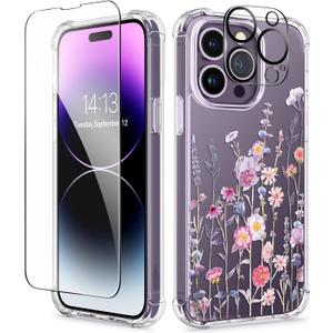GVIEWIN for iPhone 14 Pro Case Floral, with Screen Protector+Camera Lens Protector,[Non Yellowing]Slim Shockproof Clear Phone Protective Cover for Women,Flower Pattern Design 6.1"(Floratopia/Colorful)