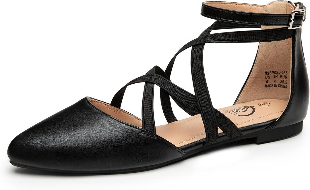 Trary Flats for Women, Mary Jane Shoes Women Ballet Flats with Elastic Ankle Straps, Comfortable Pointed Toe Dress Shoes for Office or Casual Wear (5.5, Black-pu)
