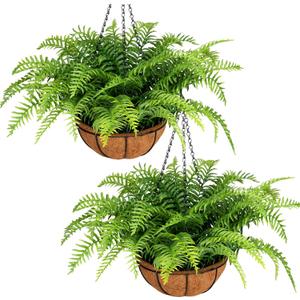 2 Set Fake Ferns with Hanging Baskets, Artificial Boston Ferns for Outdoors, Fake Hanging Ferns Outdoor Artificial Hanging Plants for Front Porch Garden Balcony Patio Home Decor, No Assembly (Green X 2)