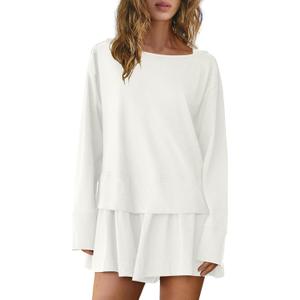 Panadila Womens Long Sleeve Short Romper Dresses Crewneck Oversized One Piece Jumpsuit Open Back Layered Casual Outfit (White, M)