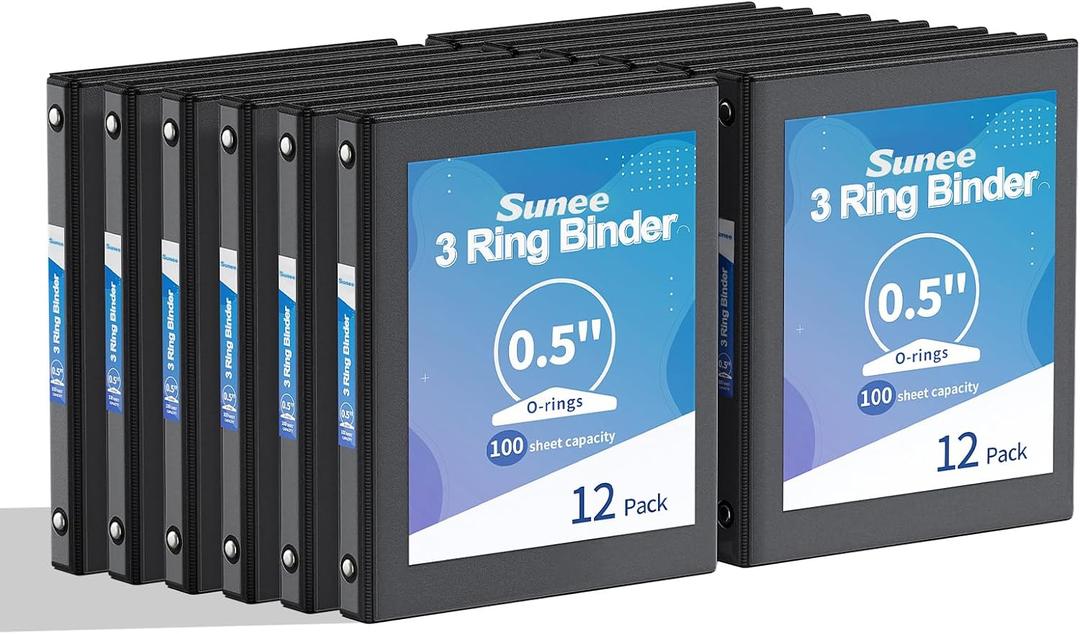 SUNEE 3 Ring Binders 1/2 Inch 12 Pack, Clear View Three Ring PVC-Free (Fit 8.5x11 Inches) for School or Office Supplies, Black