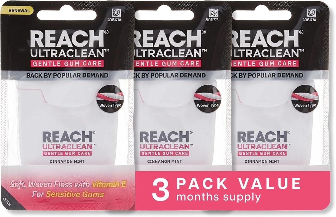 REACH ULTRACLEAN Gentle Gum Care Expanding Floss  Woven, Non-Waxed, PFAS-Free with Vitamin E, for Sensitive Gums, Cinnamon Mint 55YD (3-Pack)