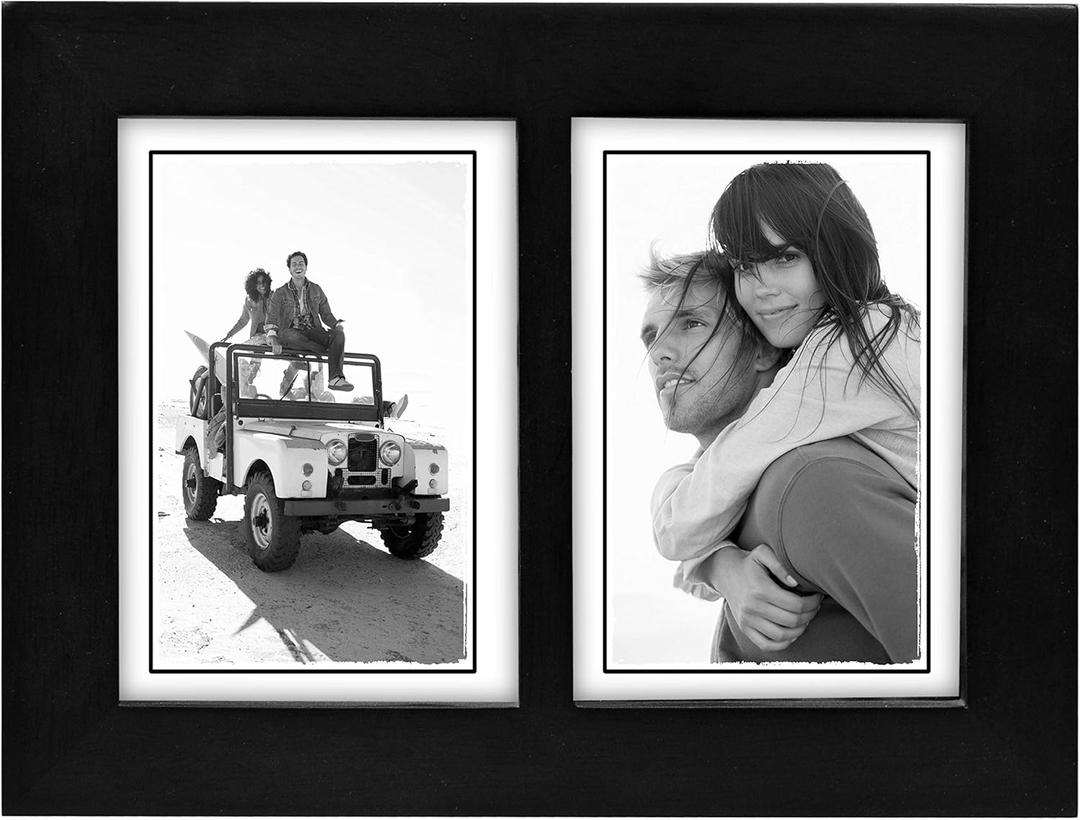 Malden 673-35SD Double 3.5x5 Picture Frame - Wide Real Wood Molding, Real Glass - Black