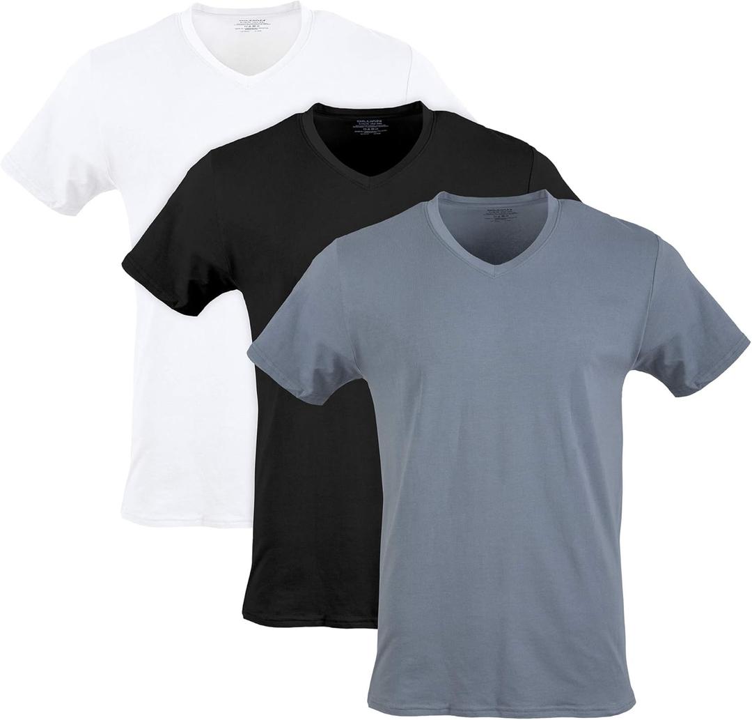 Gildan Men's Cotton Stretch T-shirts, Multipack, White/ Black Soot/ Grey Flannel (V-neck 3-Pack), Large