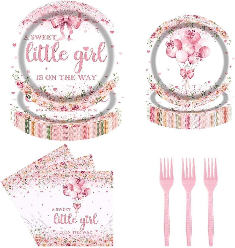 Pink Bow Baby Shower Party Tableware Set 96 Pcs A Sweet Little Girl is on The Way Disposable Plates Napkins Forks Pink Floral Baby Shower Decorations Serve 24 Guests