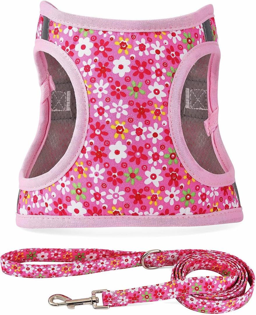 Step in Dog Harness Leash Set- All Weather Reflective No-Pull Floral Pattern Padded Mesh Vest Harness for Cats Puppy Dogs - Pink Flower - Small