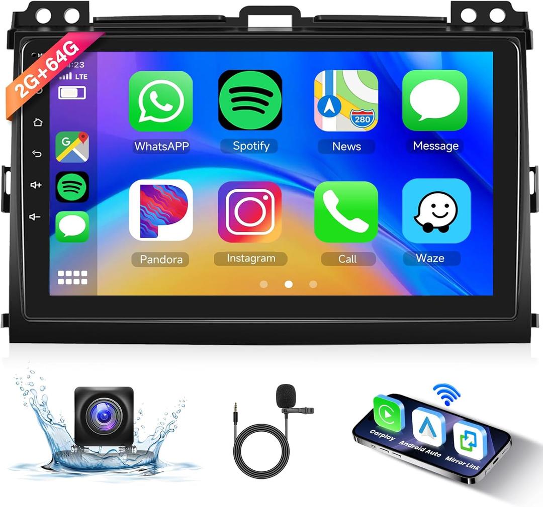 [2G+64G] Car Radio for Toyota Prado 120/ Lexus Gx470 2004-2009 Android Car Stereo Carplay Wireless Android Auto, Hodozzy 9 inch Touch Screen with GPS/WiFi/Bluetooth, FM RDS, Mirror Link,Backup Camera
