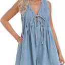 Women's Denim Romper Casual Summer Sleeveless Jean Romper Tie Front V Neck Ruffle Jean Short Overall With Pockets (Blue, L)