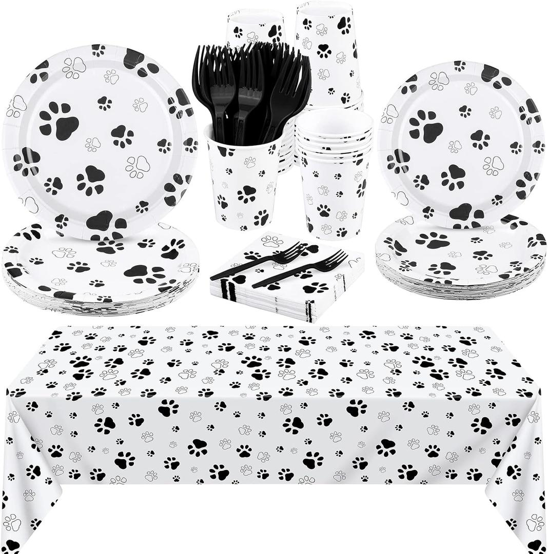 durony 121 Pieces Black Paw Print Party Supplies Dog Birthday Tablecloth, Plates, Napkins, Forks and Paper Cups Decorations for Puppy Theme Party Supplies