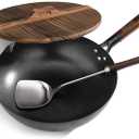 New Star Foodservice 1029154 Hand Hammered Cast-Iron Non-Stick Wok Carbon Steel, Includes 12.7" Round Bottom Wok, Wooden Wok Lid, and Spatula (Hand Wash Recommended)