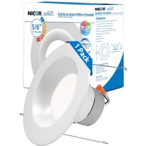 NICOR DLR56609120SWH DLR56(v6) 5/6-inch White 900 Lumen Selectable Recessed LED Downlight