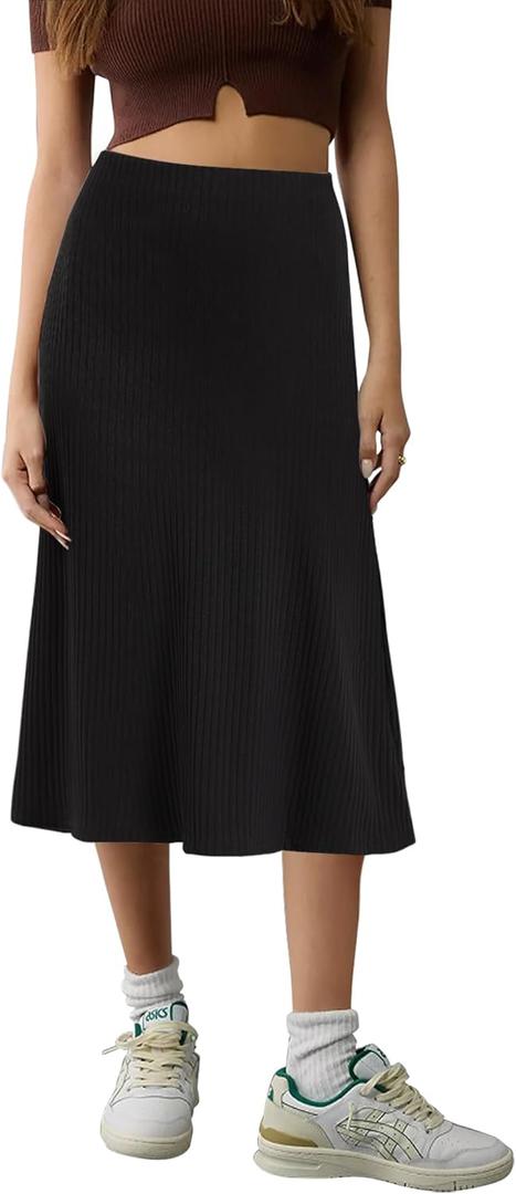 Urban CoCo Women's Elastic High Waist A-Line Flared Midi Skirt Solid Ribbed Knit Skirts, XL
