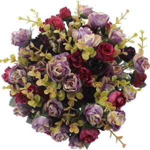 Duovlo 7 Branch 21 Mini Rose Heads Artificial Flowers Bouquet Wedding Home Office Decor,Pack of 4 (Purple)